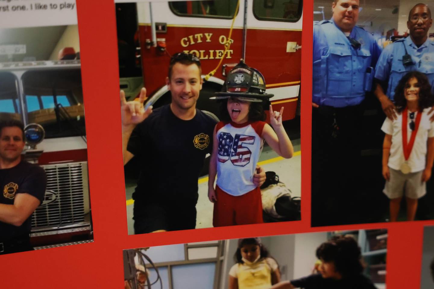 A photo of Acey Longley and firefighter Justin Bill sits on display at the annual pizza party host by Acey Longley and his mother, Heidi, on Wednesday, Sept. 11, 2024 in Joliet.