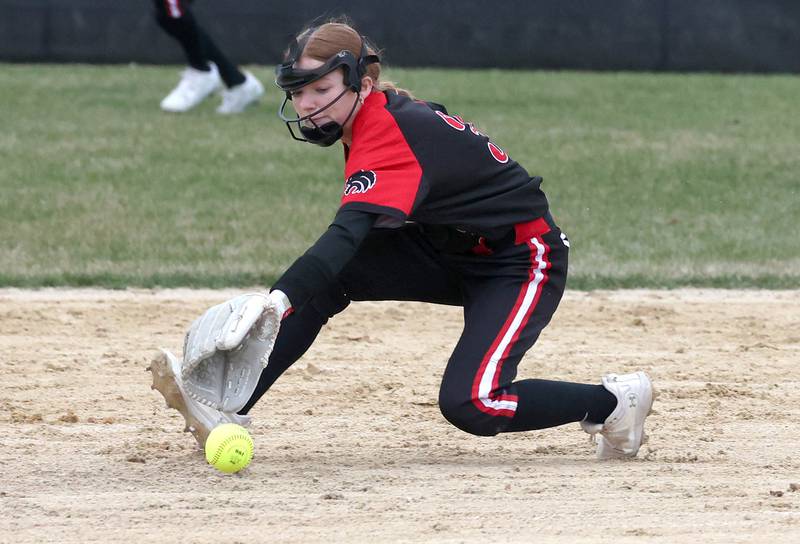 Indian Creek’s McKenzie Greer fields a grounder during their game against Mendota Thursday, March 14, 2024, at Indian Creek High School in Shabbona.