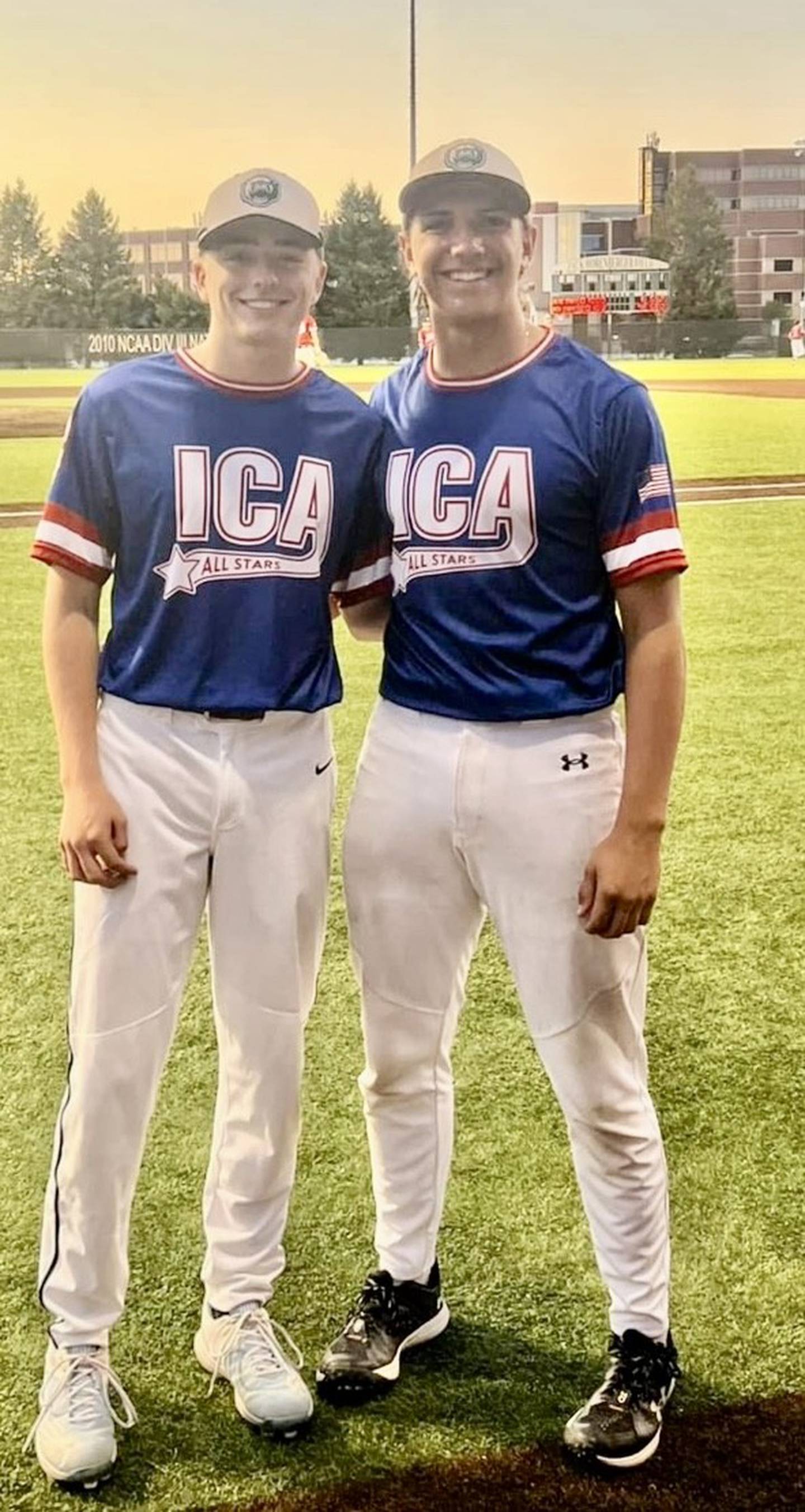 St. Bede's Nathan Husser and Alex Ankiewicz were reunited on the Blue team for Wednesday's The players line up for Wednesday's ICA All-Star Game in Bloomington.