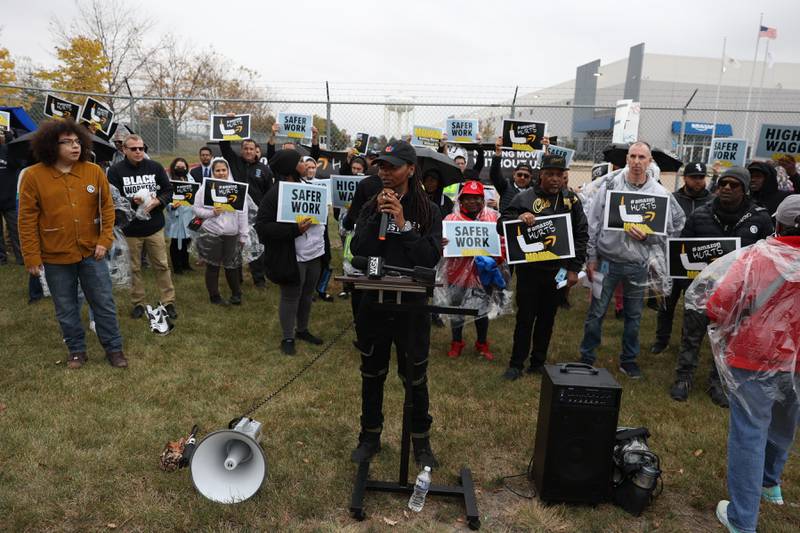 Tori Davis, WWJ Worker Organizer and former Amazon WDW2 employee, speaks at a rally outside the Amazon MDW2 facility on Tuesday, October 11th in Joliet. Amazon employees of MDW2 are teaming with Workers for Justice, a nonprofit organization supporting warehouse workers, to demand a safer work place and jobs that offer a living wage.