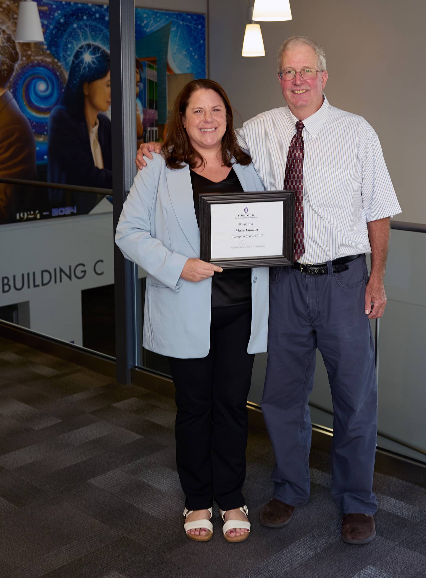 Hometown National Bank and Maze Lumber are two of the Champion level annual sponsors to the IVCC Foundation, which expects to award more than $300,000 in scholarships this year. Pictured with IVCC Foundation Executive Director Tracy Beattie is Jim Loveland, retired plant manager at Maze Lumber.