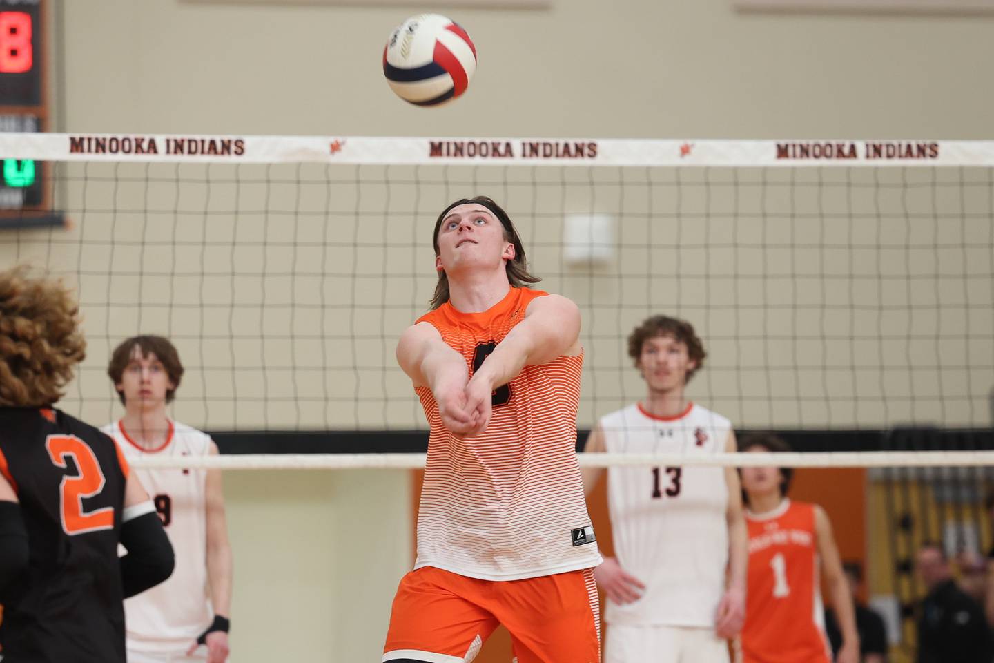 Minooka’s Caden Oostema keeps the ball in play against Lincoln-Way West on Monday, April 8, 2024.