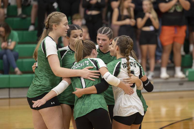 Rock Falls celebrates their first set win against Dunlap Thursday, Aug. 29, 2024, at Rock Falls High School.