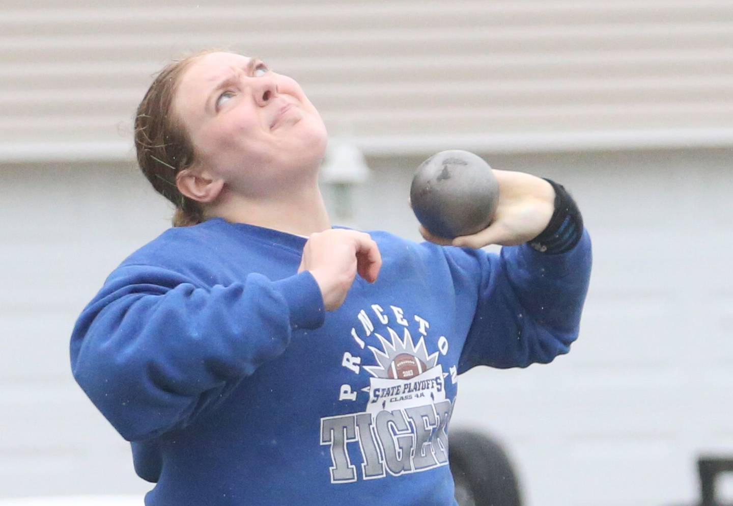 Princeton's Morgan Foes throws shot put during the Class 2A girls track and field Sectional on Thursday, May 9, 2024 in Princeton.