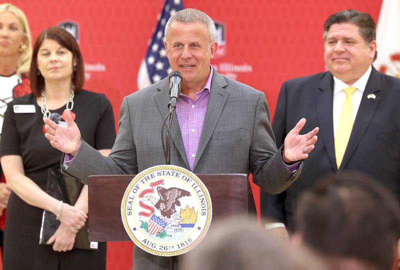 DeKalb Mayor Cohen Barnes speaks during a news conference Tuesday, April, 4, 2023, in the Barsema Alumni and Visitors Center at Northern Illinois University in DeKalb. Barnes, along with a group of llinois lawmakers, DeKalb city officials, representatives from NIU and Gov. JB Pritzker were on hand to promote the importance of funding higher education in Illinois.