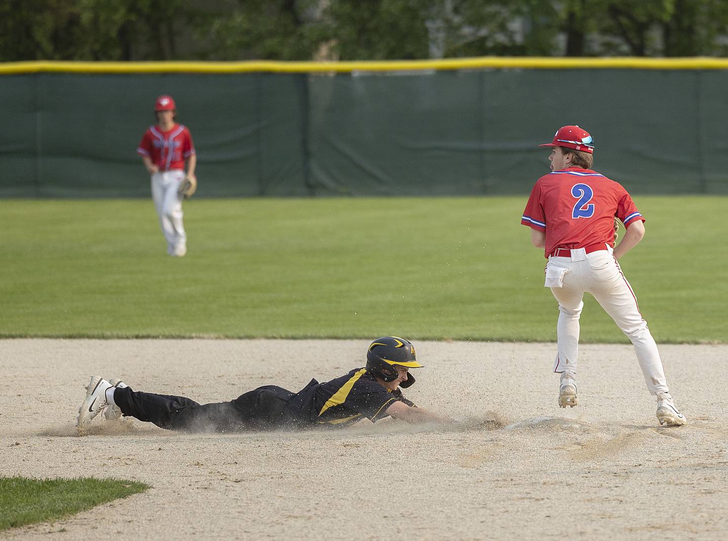 AFC’s Aaron Lester is doubled off second by Morrison’s Danny Mouw on a caught line drive Wednesday, May 17, 2023.