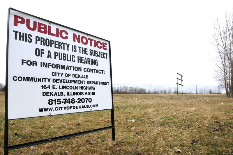 A sign sits posted on a 35 acre property Tuesday, March 5, 2024, on the north side of Bethany Road between Sangamon Road and Tygert Lane in DeKalb. Brian Grainger of Grainger LLC wants to build 224 units, including single-family homes and townhomes, for residents 55 and older on the property.