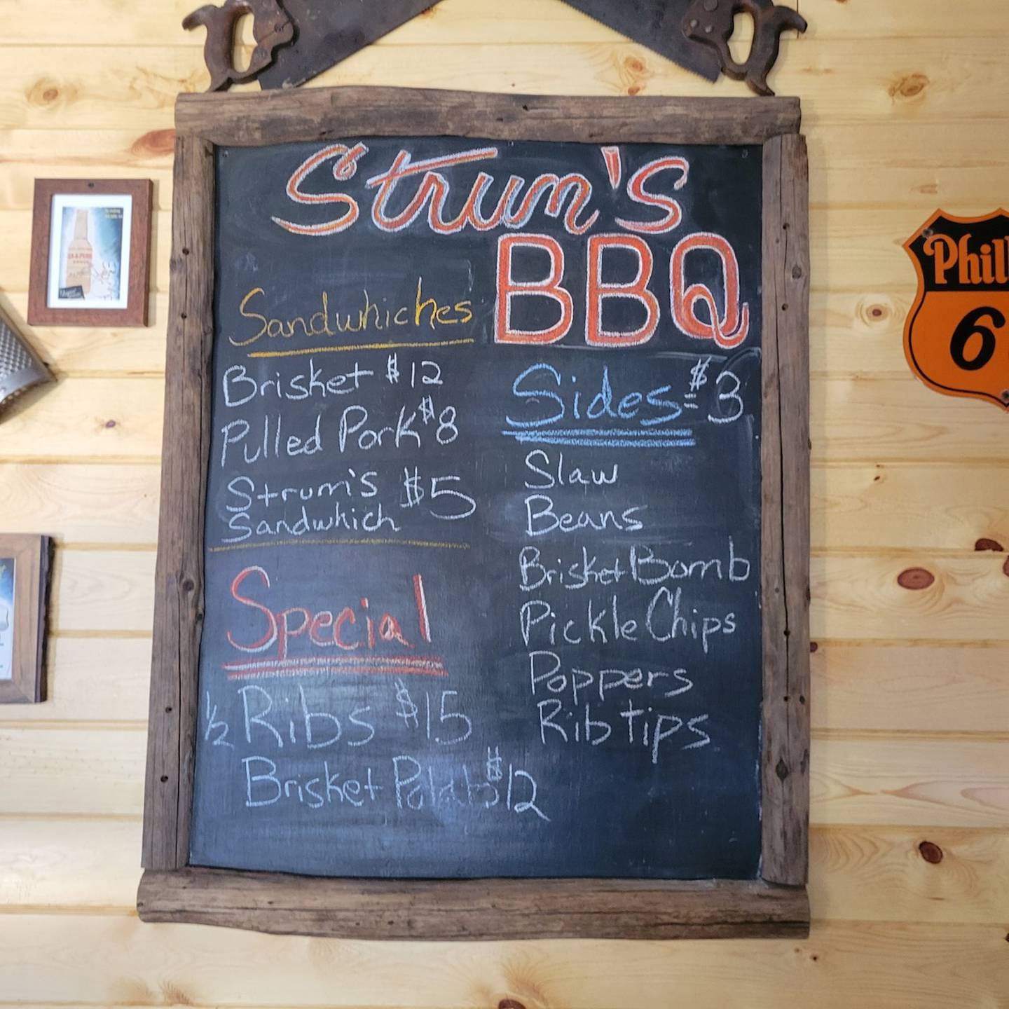 The menu is updated daily at Strum's BBQ in Morris