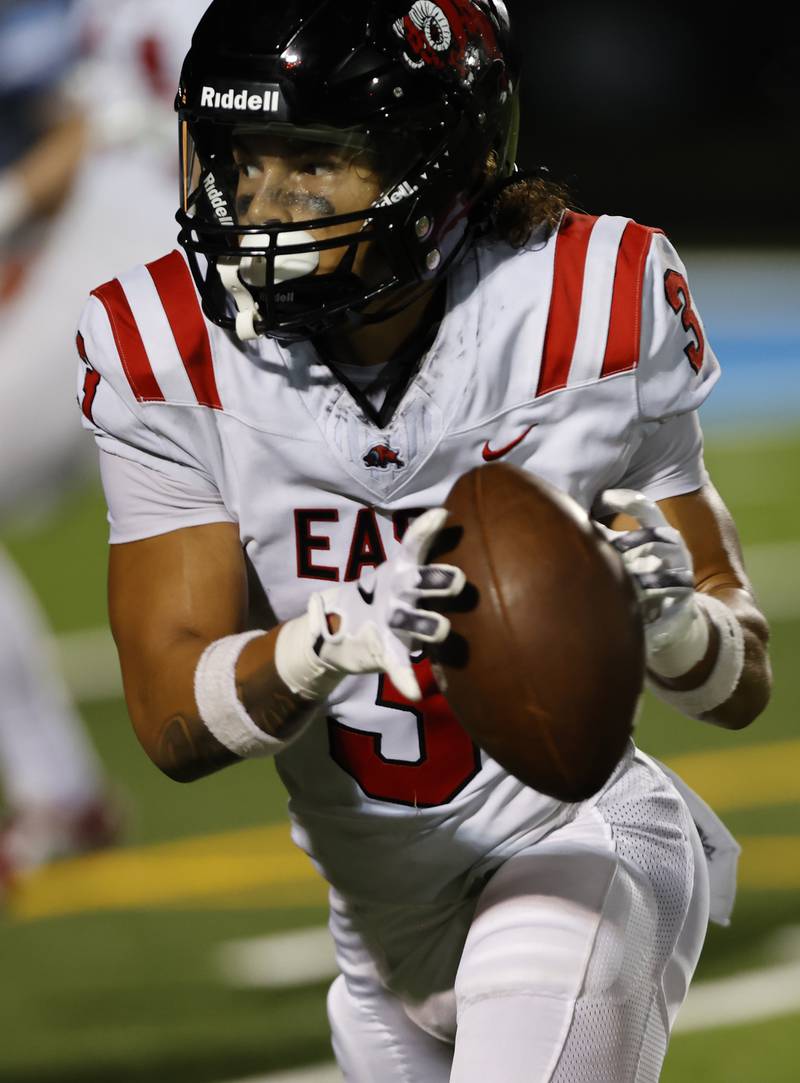 Glenbard East's Chris Renford (3) makes a catch during the varsity football game between Glenbard East and Willowbrook high schools on Friday, Sep. 30, 2024 in Villa Park.