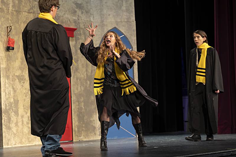 Teyla Wendt, playing the part of Megan, rehearses Wednesday, Nov. 1, 2023 in the Dixon High School production of “Puffs.” The Harry Potter themed play will be performed this Friday and Saturday at 7pm and Sunday at 2pm.