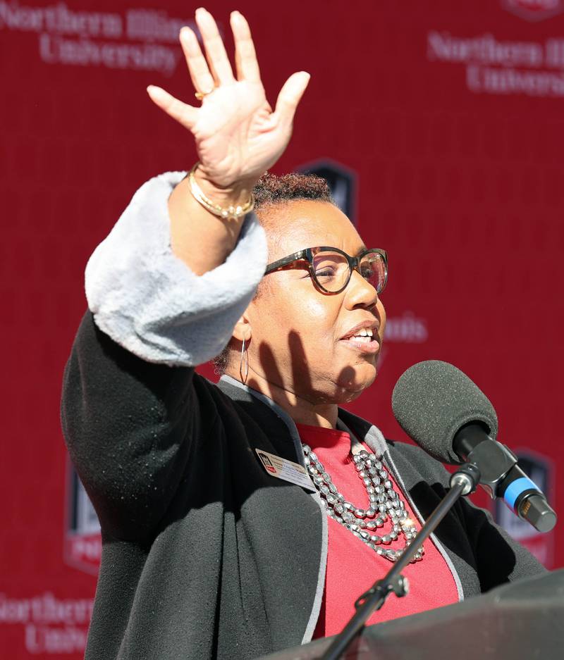 Vernese Edghill-Walden, vice president for diversity, equity and inclusion at Northern Illinois University, welcomes attendees Friday, Oct. 7, 2022, during a renaming ceremony where New Residence Hall at NIU became Fanny Ruth Patterson Complex. Patterson was the university’s first Black graduate and the building is being named in her honor.