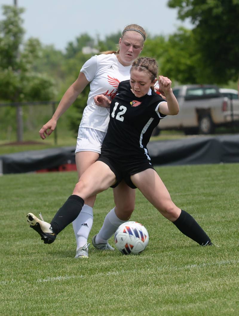 Stillman Valley's Zoe Larson (12) blocks Oregon's Deborah Schmid off the ball during the 1A Indian Creek Sectional on Saturday, May 18, 2024. Stillman Valley won the game 2-1 to advance to the sectional championship.