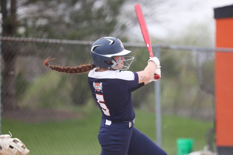 Oswego’s Marissa Moffett connects for a single against Minooka on Wednesday, April 17, 2024 in Minooka.