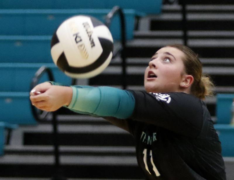 Woodstock North's Maddie Sofie passes th ball during a Kishwaukee River Conference volleyball match against Johnsburg on Wednesday, Sept. 4, 2024, at Woodstock North High School.