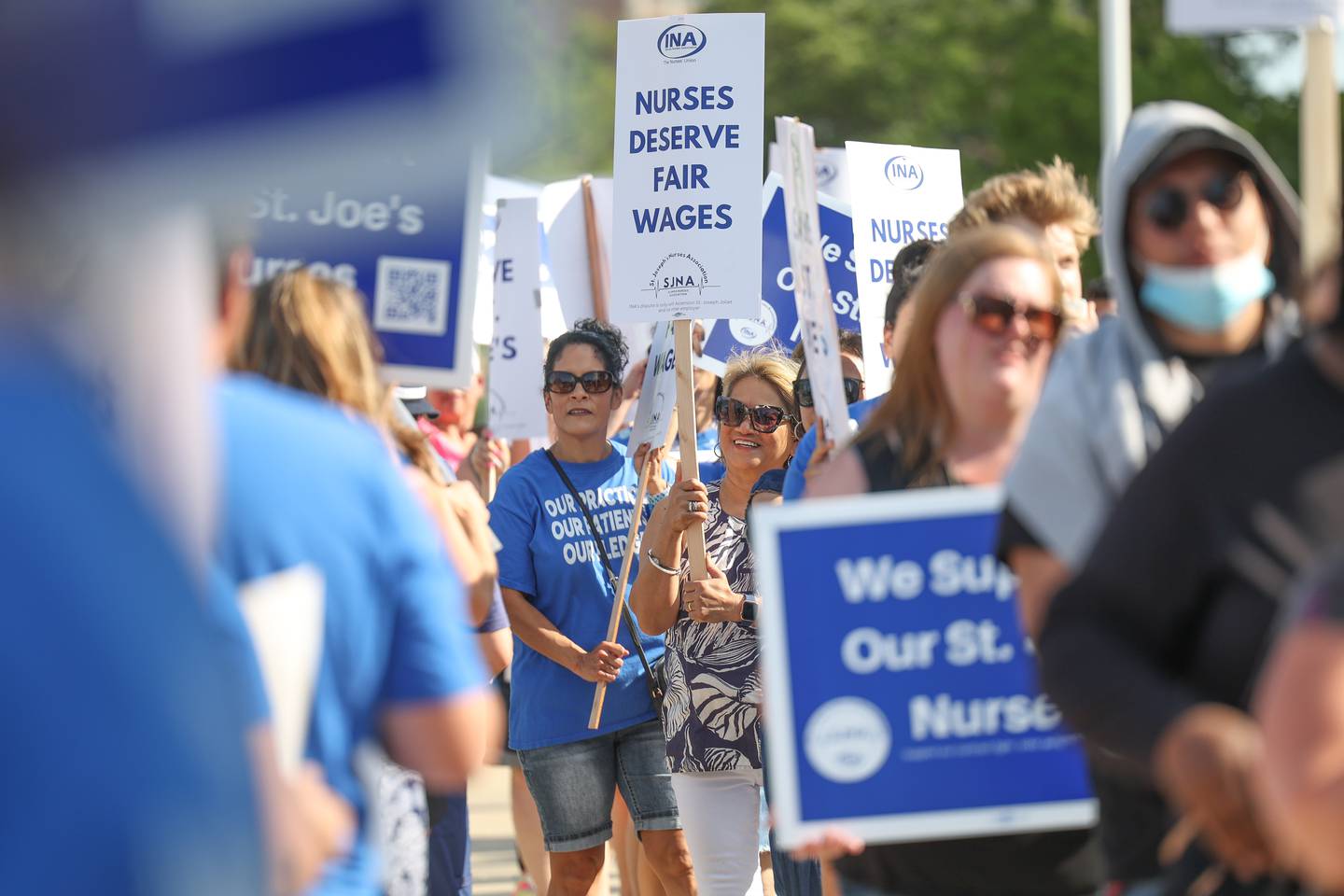 St. Joseph nurses and supporters picket outside St. Joseph Hospital as contract negotiations continue on Thursday, July 20th, 2023 in Joliet.