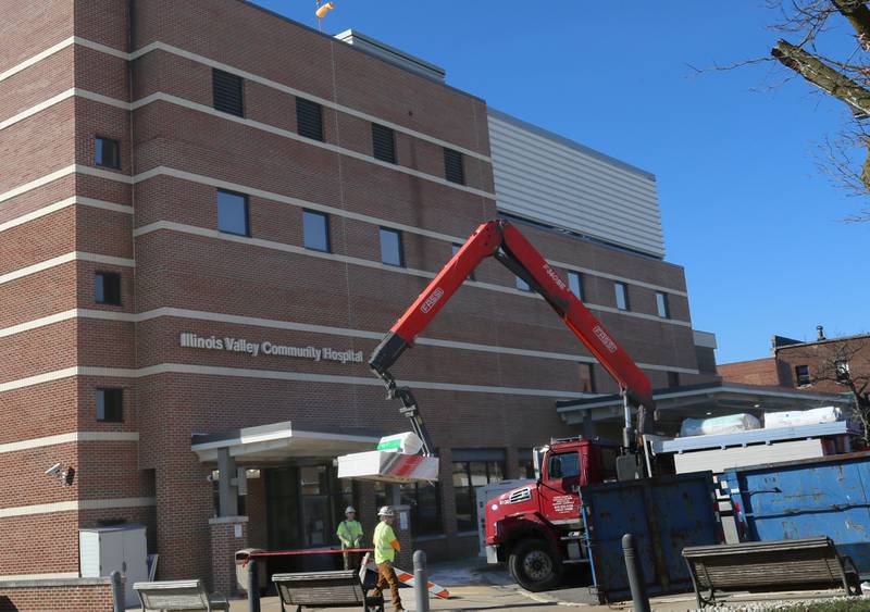 Crews unload drywall and insulation into the Emergency Room entrance of the former IVCH and St. Margaret's Hospital on Tuesday, Feb. 20, 2024 in Peru. OSF Healthcare is renovating the building and is planning on re-opening the hospital on Sunday April 7.