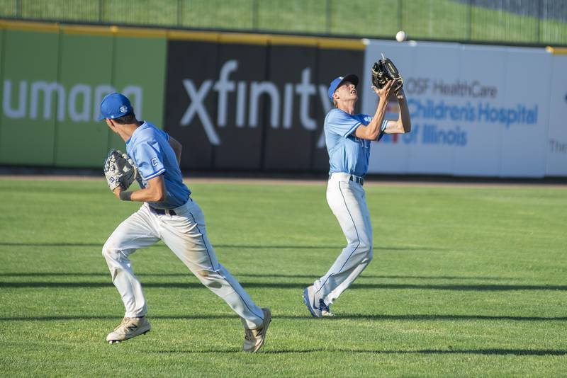 Columbia’s Jack Steckler pulls in a fly ball in left field against Joliet Catholic Friday, June 3, 2022 during the IHSA Class 2A baseball state semifinal.