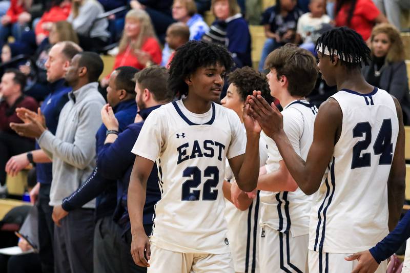 Oswego East's Javion Starwood (22) comes out near the end of their Class 4A Lockport Regional final game versus West Aurora.  Feb 24, 2023.