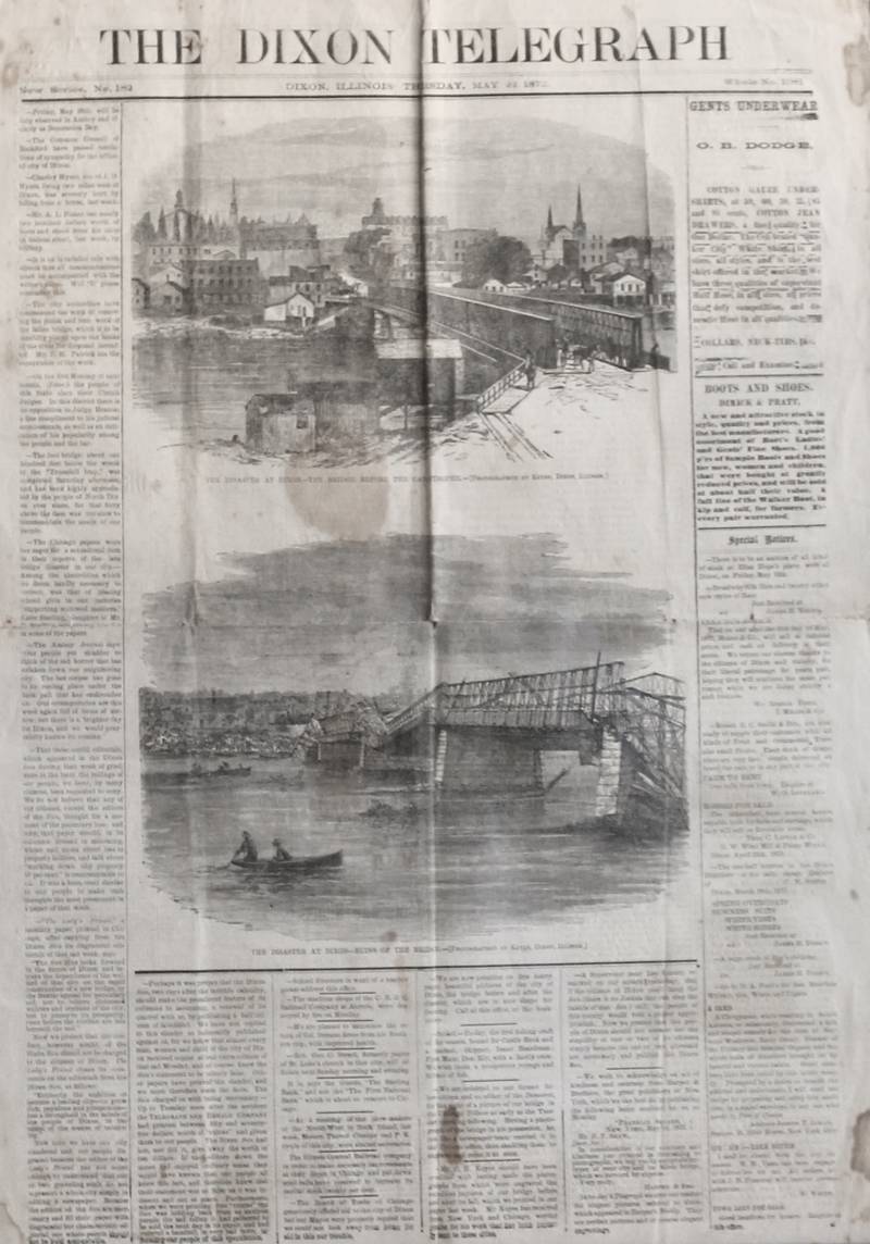 Dixon Telegraph from May 22, 1873, featuring a photo engraving of the Truesdell Bridge after its collapse.