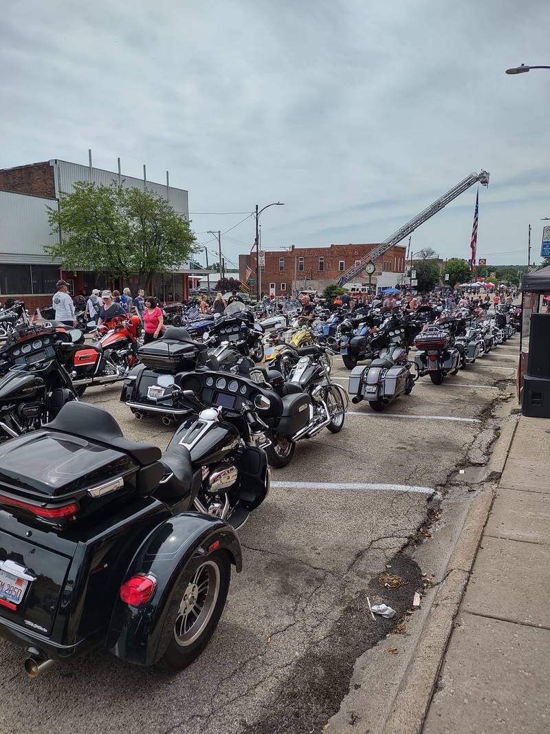 Pictured are some of the many bikes parked on the streets in downtown Marseilles for the 2024 Freedom Run. Open Roads ABATE Chapter members Mitch Busch and Rosan Acosta attended the event on Saturday, June 15.