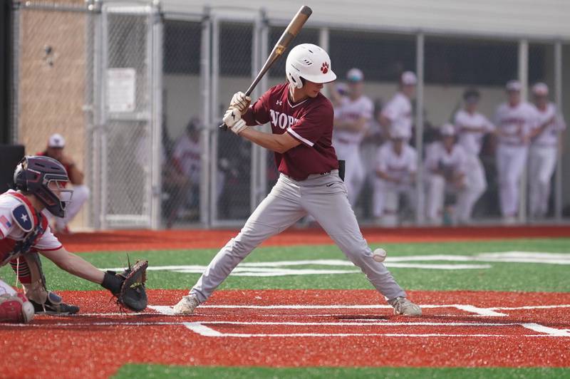 Plainfield North's Joe Guiliano (7) is hit by a pitch during a baseball game against Yorkville  at Yorkville High School in Yorkville on Thursday, May 16, 2024.