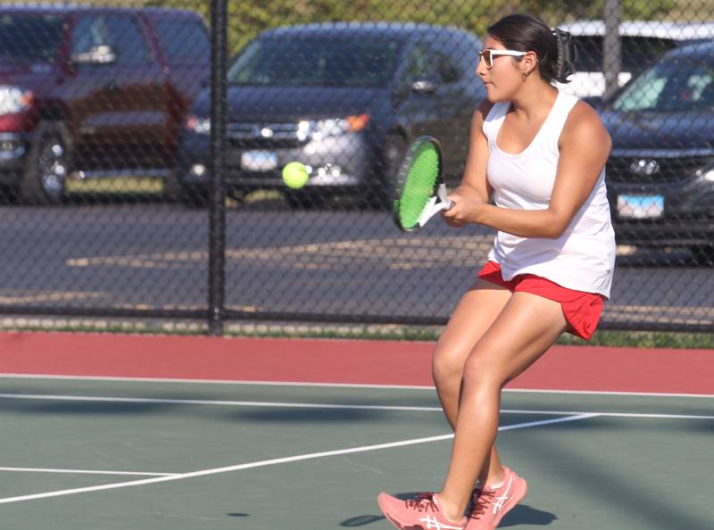 Ottawa's Yaquelin Hernandez-Solis returns a serve from L-P on Tuesday, Sept. 17, 2024 at the L-P Athletic Complex in La Salle.