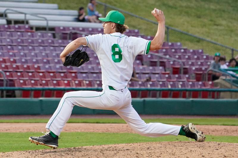 York's Jack Lawton (8) delivers a pitch against McHenry during a class 4A Kane County supersectional baseball game at Northwestern Medicine Field in Geneva on Monday, June 3, 2024.