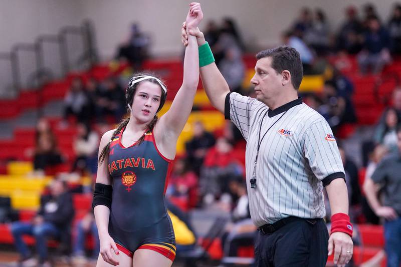 Batavia’s Sydney Perry wins her 145-pound championship match against Fenton’s Yamile Penaloza (not pictured) in the Schaumburg Girls Wrestling Sectional at Schaumburg High School.