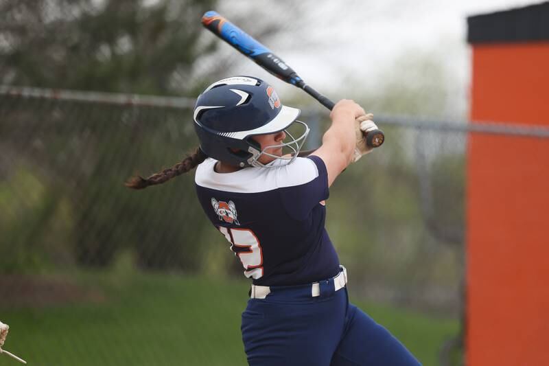 Oswego’s Aubriella Garza connects against Minooka on Wednesday, April 17, 2024 in Minooka.