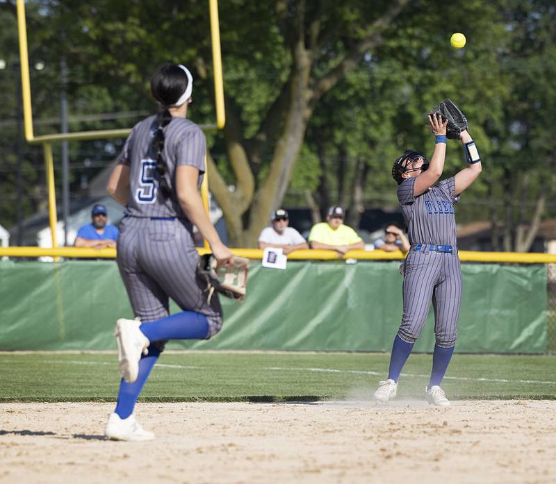 Princeton’s Sylvie Rutledge catches a pop up against Rock Falls Wednesday, May 15, 2024 a the Class 2A regional softball semifinal.