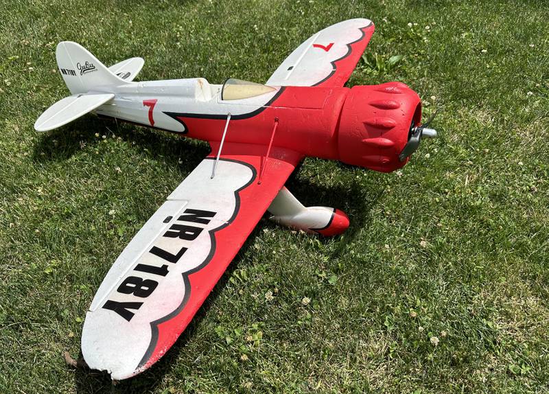 A view of a Gee Bee Model R Super Sportster model airplane  on Monday, July 1, 2024 at the Model Airplane Field in Matthiessen State Park.  The Deer Park RC Flyers radio-controlled aircraft club maintains the model airplane field and flies model airplanes at the site.
