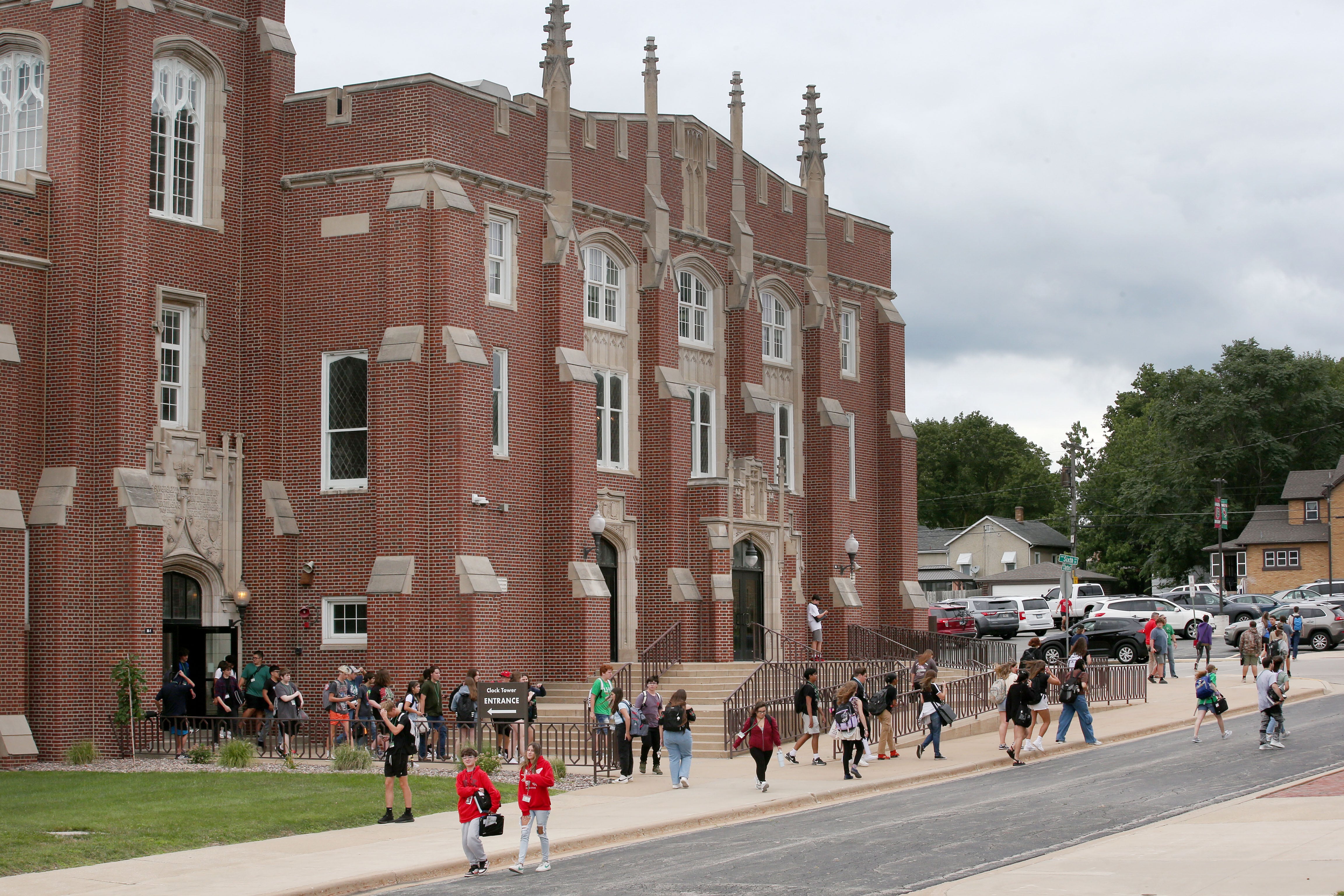 Students exit La Salle-Peru Township High School on Friday, Aug. 9, 2024. Today was the first day of school.