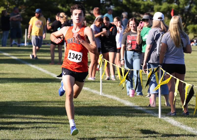 DeKalb’s Jacob Barraza finishes second in the boys varsity race Tuesday, Sept. 3, 2024, during the Sycamore Cross Country Invite at Kishwaukee College in Malta.