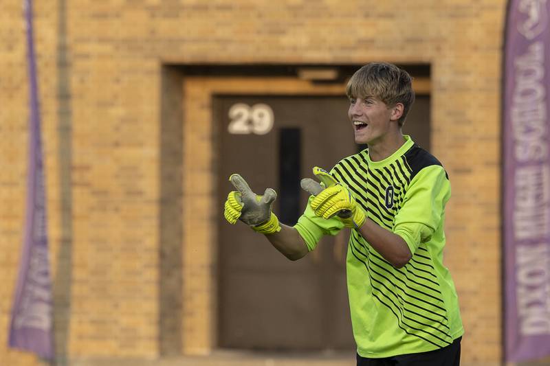 Oregon goalie Derek Withers celebrates the Hawks’ 1-0 win over Dixon Wednesday, Sept. 11, 2024, at EC Bowers field in Dixon.