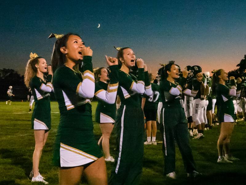 St. Bede Cheerleaders chant to crowd on Friday, September 6, 2024 at St. Bede in Peru.