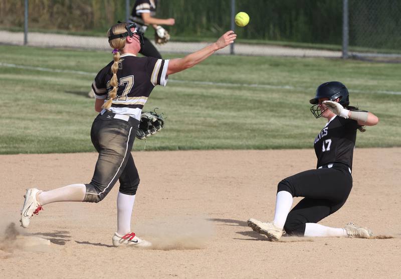 Sycamore's Keera Trautvetter turns a double play avoiding the slide of Prairie Ridge's Parker Frey during their Class 3A sectional final Friday, May 31, 2024, at Sycamore High School.