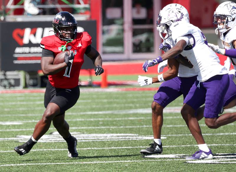 Northern Illinois' Antario Brown gets outside the Western Illinois defense for a nice gain during their game Saturday, Aug. 31, 2024, in Huskie Stadium at NIU in DeKalb.