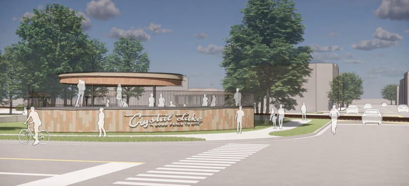 A rendering for Depot Park in downtown Crystal Lake that features terracotta tiles and a theater-in-the-round.