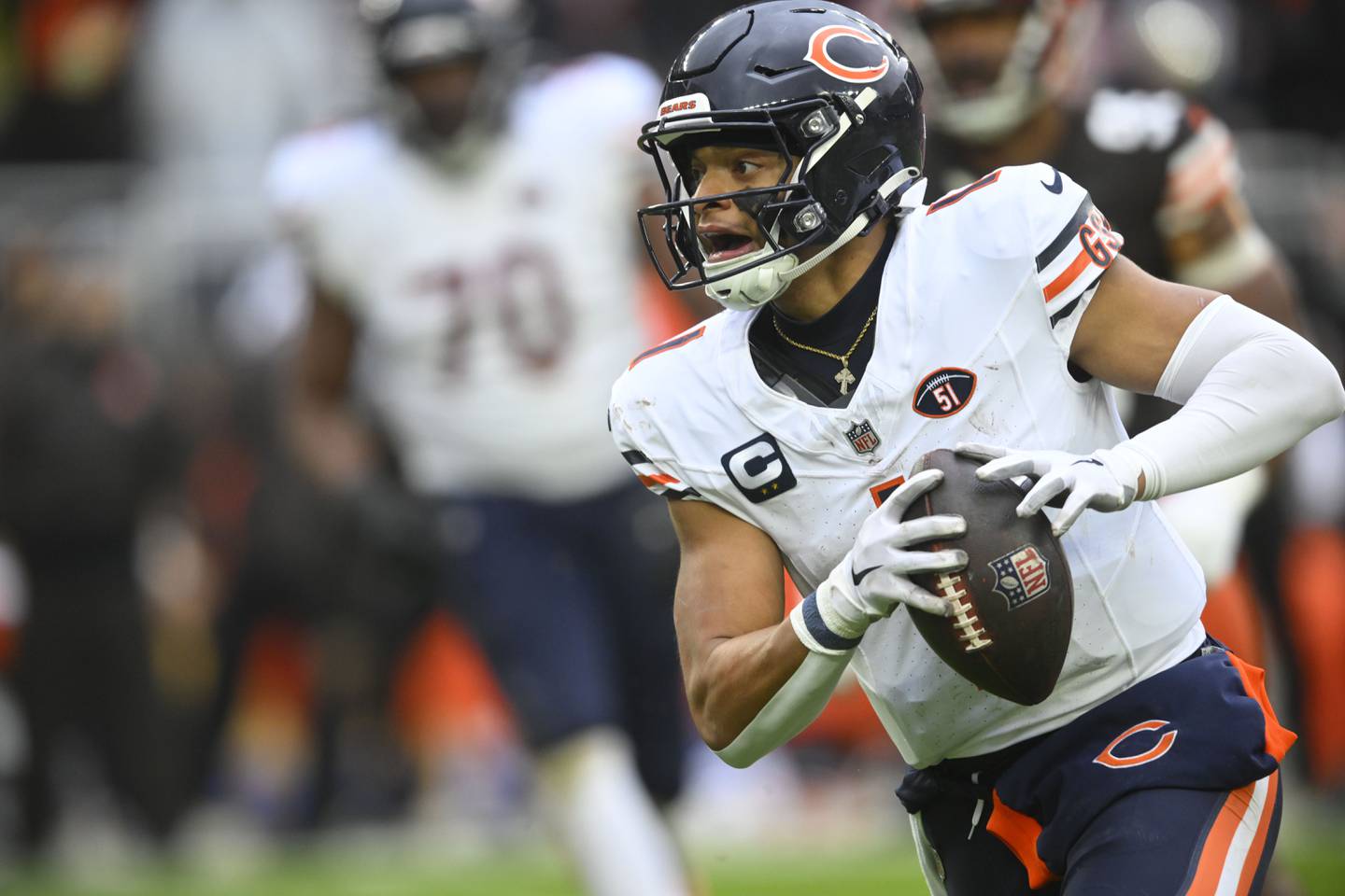 Chicago Bears quarterback Justin Fields looks to throw in the first half against the Cleveland Browns in Cleveland, Sunday, Dec. 17, 2023.