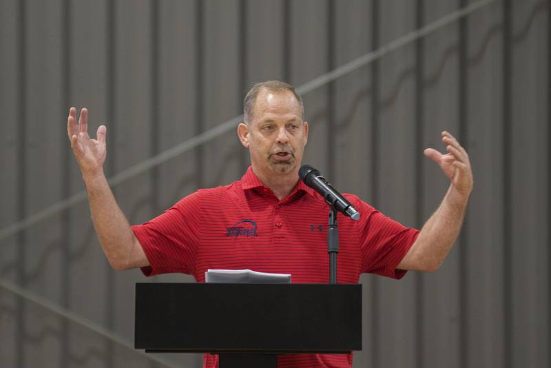 Duane Long, Dixon Park District executive director, gestures while talking about the enormous effort and planning it took to design and build The Facility, the district’s new indoor sports and community center.