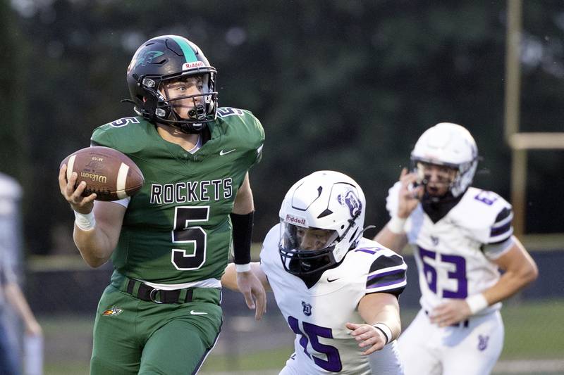 Rock Falls’ Mason Landes looks to pass against Dixon Friday, Sept. 13, 2024, at Hinders Field in Rock Falls.