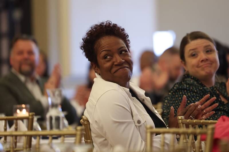 JTHS District 204 School Board President Michelle Stiff attends the Joliet Township High School’s annual Salute To Service Partnership Recognition dinner on Tuesday, April 9, 2024 in Joliet.