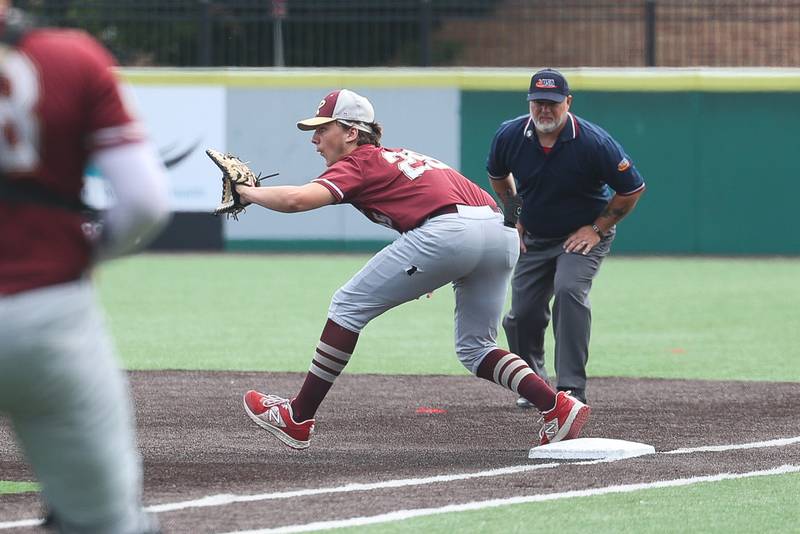 Morris’ Merek Klicker fields the through for an out against Highland in the IHSA Class 3A 3rd place game on Saturday June 8, 2024 Duly Health and Care Field in Joliet.