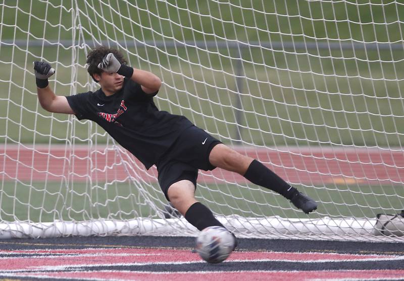 Huntley's Jeremiah Reynolds watches a a penalty kick goes past him during a nonconference soccer match against Larkin on Thursday, Sept. 5, 2024, at Huntley High School.