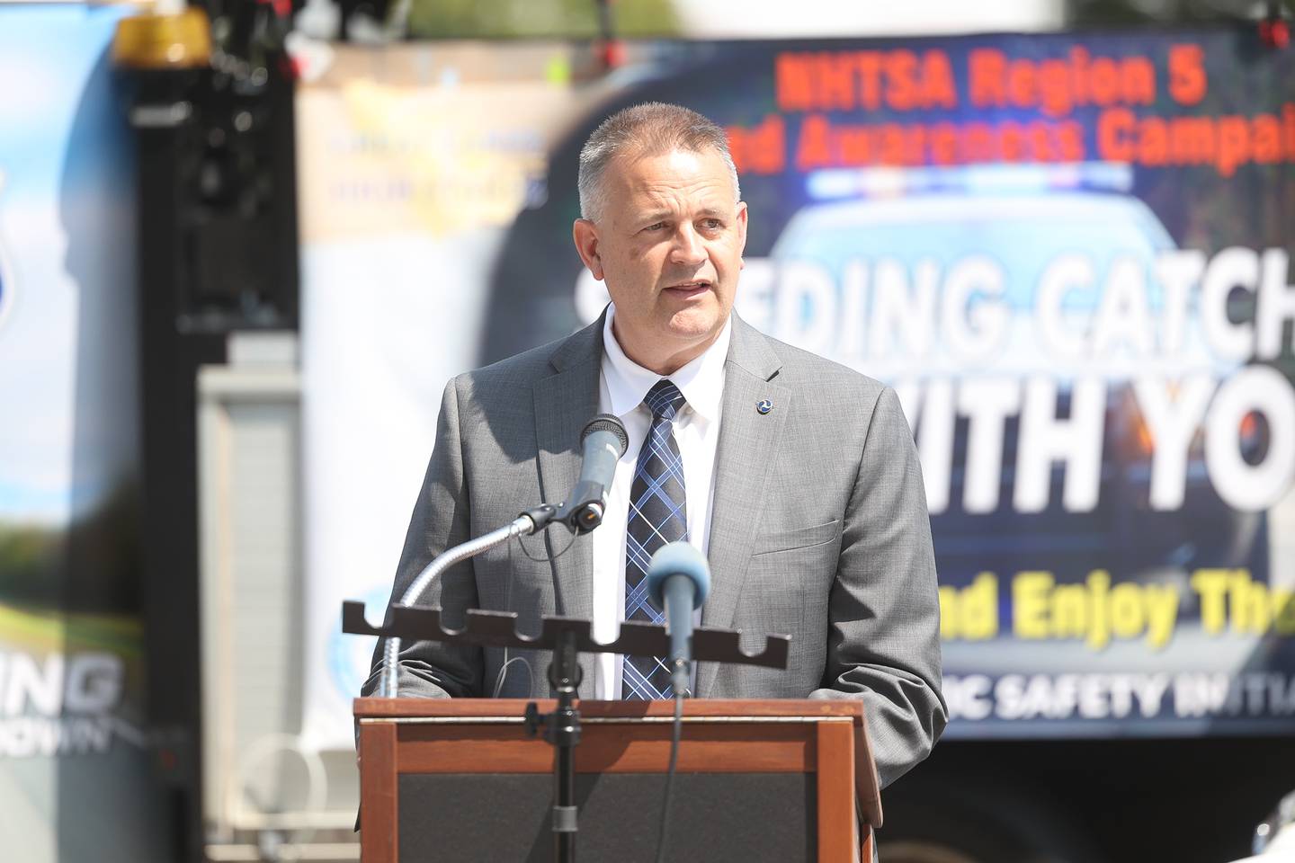 US Department of Transportation NHTSA Region 5 Administrator Jonlee Aderle speaks at the Speed Catches Up With You speed awareness campaign on Tuesday, July 23, 2024 in Joliet.