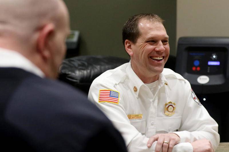 Huntley Fire Protection District Chief Scott Ravagnie (right) and Deputy Chief Albert Schlick talk about the need for a new station in the district Monday in Huntley.