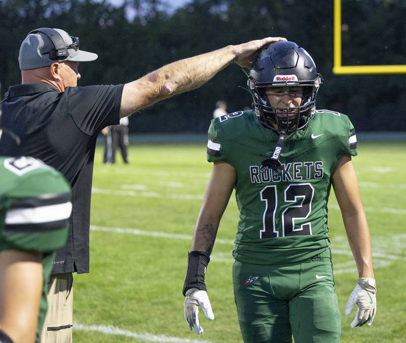 Rock Falls’ Austin Casteneda comes off the field against Dixon Friday, Sept. 13, 2024, at Hinders Field in Rock Falls.