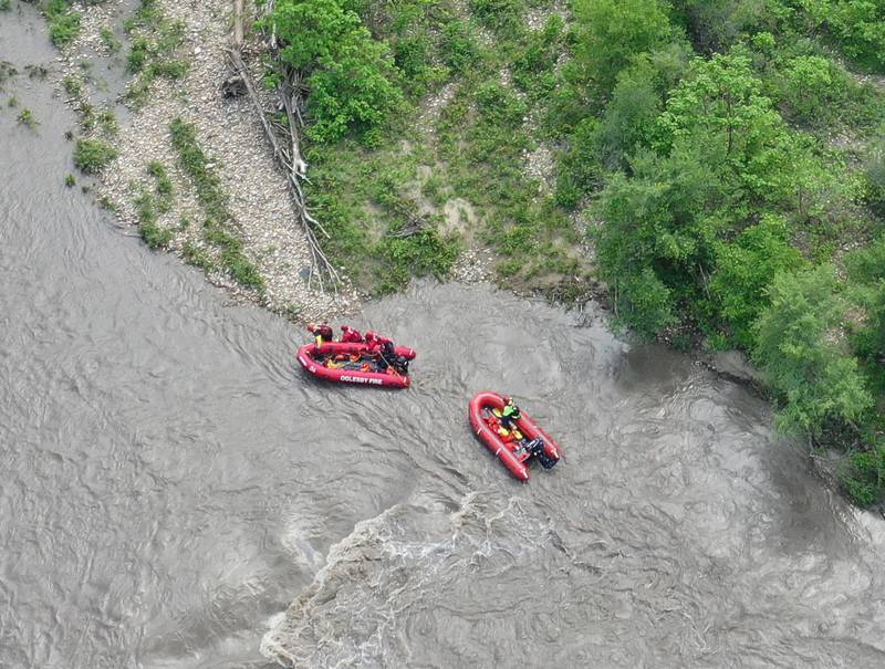 Oglesby, Utica and Tonica firefighters rescue a group of individuals who's raft overturned while on the Vermilion River on Wednesday, May 16, 2024 near Lowell. The group were stranded on a island about a half-mile west of the Illinois Route 178 bridge. The incident happened around 1p.m.