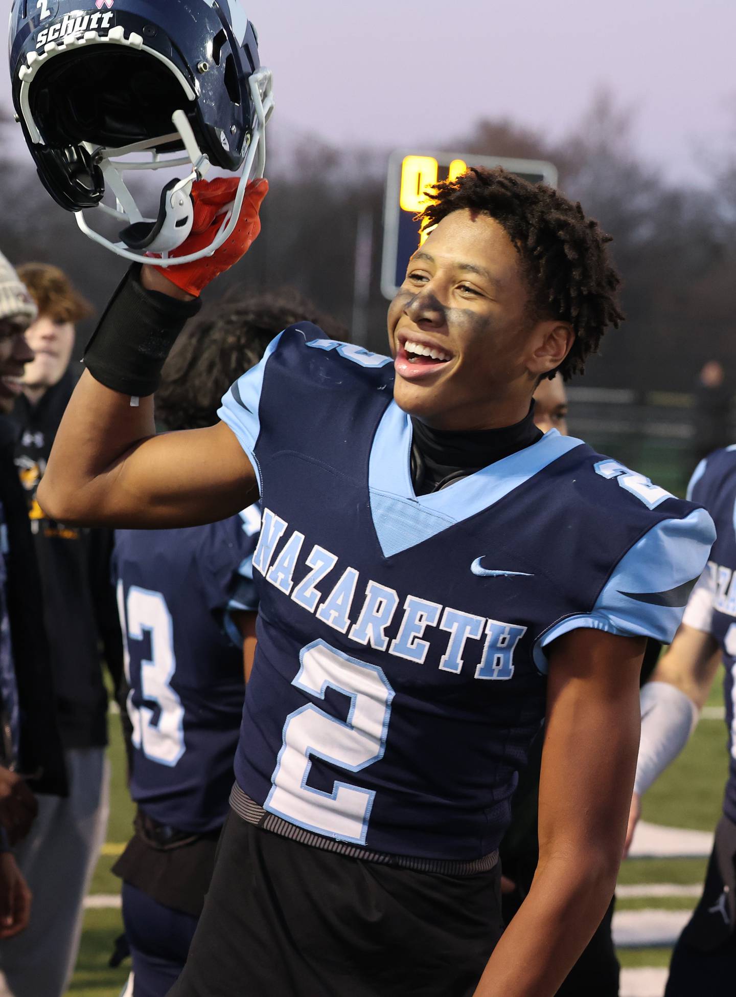 Nazareth's Garrett Reese (2) celebrates after winning against St. Francis at the boys varsity IHSA 5A semifinal between Nazareth Academy and St. Francis high school in La Grange Park, IL on Saturday, Nov. 18, 2023.