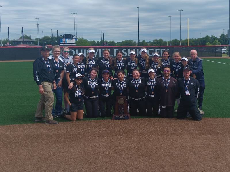 The Fenwick softball team poses with third-place trophy after beating Waterloo in the Class 3A third-place game on Saturday in Peoria.